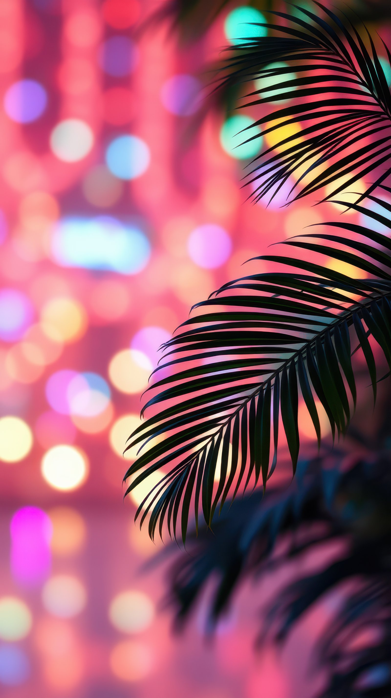 Vibrant bokeh lights illuminate palm leaves in a tropical setting during the night